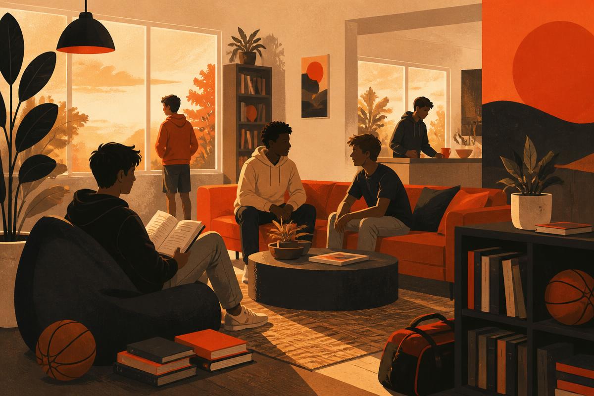 Ilustração acolhedora de adolescentes num espaço comum da Casa dos Rapazes