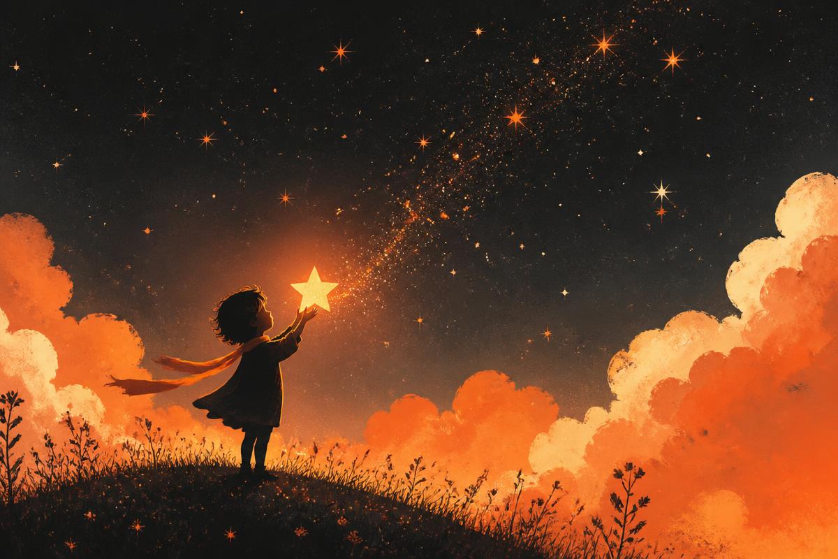 Ilustração mágica de uma criança a alcançar uma estrela no céu