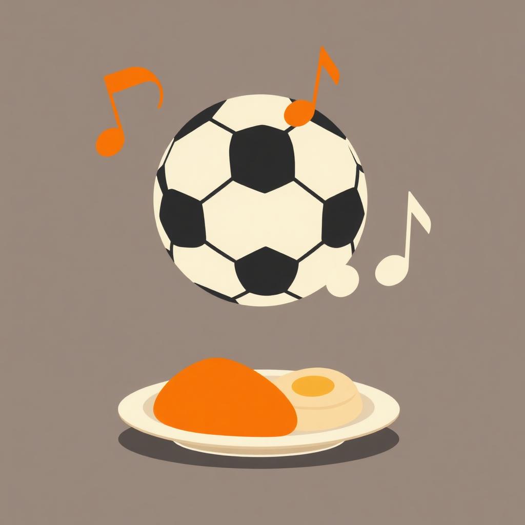 Ilustração abstrata de uma bola, notas musicais e um prato de comida