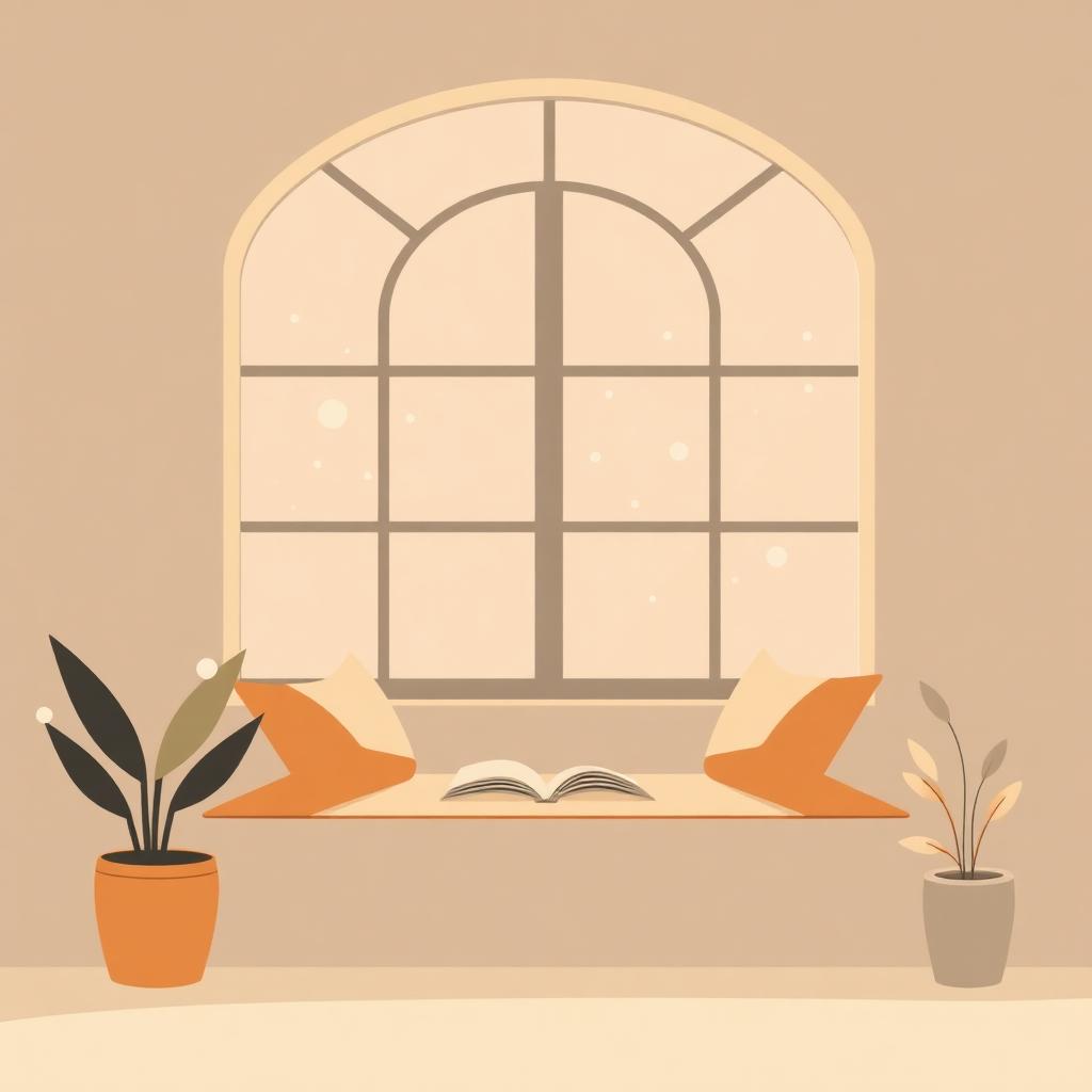 Ilustração abstrata de um canto de leitura tranquilo junto a uma janela